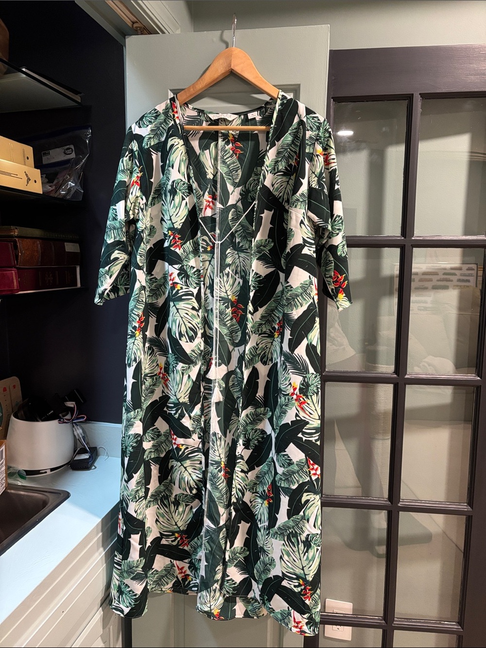 Long kimono/Cover-up Rachel Zoe Green and White Tropical Leaf Maxi